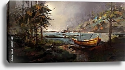 Постер Лесной пейзаж с лодкой на озере