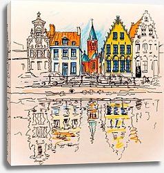 Постер Канал с красивыми средневековыми домами, город Брюгге, Бельгия, эскиз