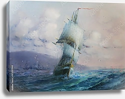 Постер Корабль под парусами в волнующемся море
