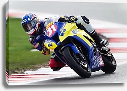 Постер Мотоциклист на желто-синем мотоцикле