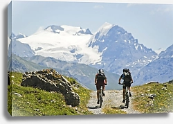 Постер Велосипедисты на фоне горы Ортлер, Италия