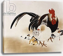 Постер Дзэсин Сибата Hanging scroll depicting a Cockerel, hen and chicks