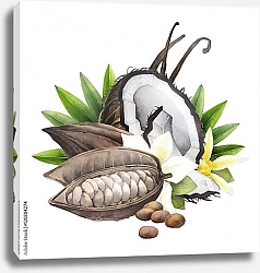 Постер Акварельные какао-фрукты, кокосовые орехи и ваниль