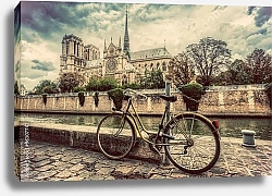 Постер Париж, Франция. Велосипед напротив Нотр-Дам-де-Пари