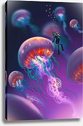 Постер Большие медузы и водолаз
