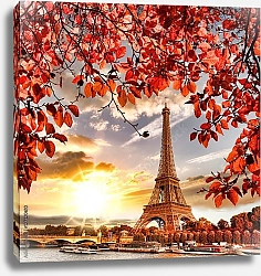 Постер Франция, Париж. Eiffel Tower with autumn leaves