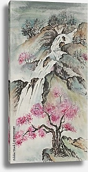 Постер Китайский горный пейзаж с цветами вишни