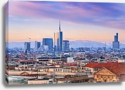 Постер Италия, Милан. Вид на деловой район с Дуомо