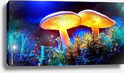 Постер Два светящихся гриба в загадочном темном лесу