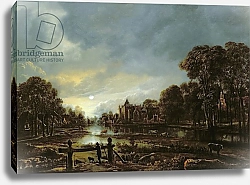 Постер Ниер Арт Moonlit River Landscape with Cottages on the Wooded Banks