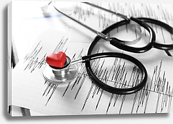 Постер Кардиограмма с медицинским стетоскопом и красное сердце на столе