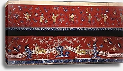 Постер Школа: Китайская 19в. Two Chinese horizontal hangings of red wool, One embroidered predominantly in shades of blue silks depicting boys at play in gilt threads
