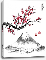 Постер Восточная сакура в цвету и гора Фудзияма