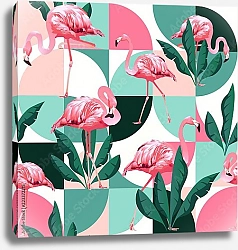 Постер Узор из банановых листьев и розовых фламинго