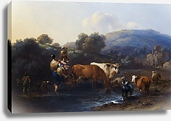 Постер Берхем Николас Крестьяне со скотом, переходящие брод