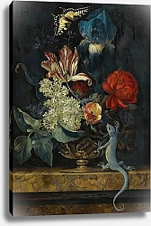 Постер Эльст Виллем A Still Life With Tulips And Other Flowers In A Vase On A Marble Ledge, With A Lizard And A Butterfly