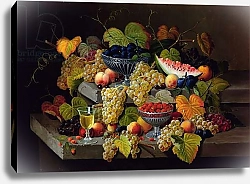 Постер Розен Северин Still Life of Melon, Plums, Grapes, Peaches, Cherries, Strawberries etc on Stone Ledges