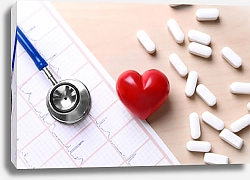 Постер Стетоскоп, таблетки и красное сердце с бумажным листом электрокардиограммы