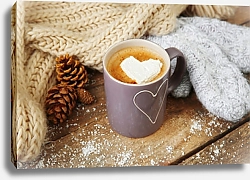 Постер Чашка горячего кофе с зефиром в холодный зимний день