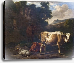 Постер Берген Дирк Двое телят, овца и лошадь у руин