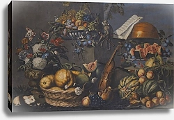 Постер Школа: Французская 18в. A Still Life With Various Fruits In A Basket And On A Ledge, Flowers In A Vase, Musical Instruments And A Monkey With A Flute