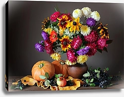 Постер Осенний натюрморт с цветами и фруктами.