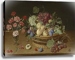 Постер Халсдонк Якоб Натюрморт с фруктами в корзине и цветами в вазе