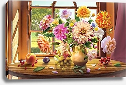 Постер Букет георгинов и фрукты на столе у окна