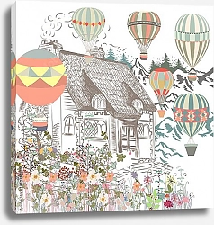 Постер Старый европейский дом, сад и воздушные шары