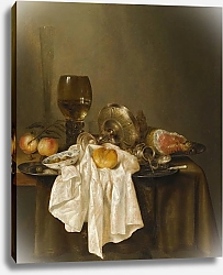 Постер A Banketje Still Life With A Roemer, A Silver Tazza On Its Side, A Ham, Peaches, A Salt Cellar, A Bread Roll And A White Cloth On A Partly Draped Table