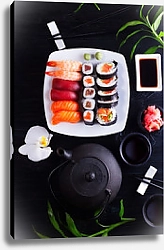 Постер Японские суши с чайником и чайными чашками