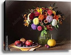 Постер Осенний натюрморт с цветами и фруктами