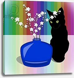 Постер Хантли Клэр (совр) Blue Glass Vase with blossom and black cat