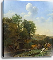 Постер Поттер Паулюс Пейзаж с коровами, овцами и лошадьми у амбара