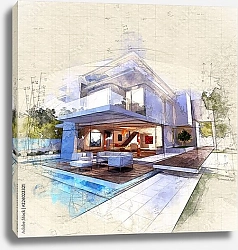 Постер Архитектурный эскиз дома с бассейном