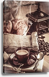 Постер Ароматный горячий кофе с шоколадом и сладким круассаном