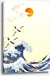 Постер Большие волны с птицами на восходе солнца