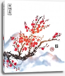 Постер Вишневое дерево в цвету на фоне снежных горных вершин