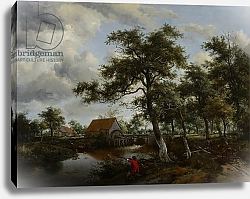 Постер Хоббема Мейндрат (Meindert Hobbema) Wooded Landscape with Watermill, c.1665