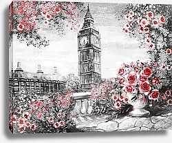 Постер  Нежный городской лондонский пейзаж с красными цветами