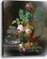 Постер Берр Жан Баптист Still Life With Flowers In A Vase And Goldfish Bowl
