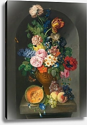 Постер Петтер Франс A Bronze Urn Of Flowers, With A Melon, Peaches And Grapes, A Butterfly And A Caterpillar