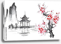 Постер Традиционный японский пейзаж с пагодой и цветущей сакурой