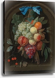 Постер Сон Йорис Still Life Of Grapes, Peaches, A Pomegranate And Other Fruit Hanging From A Nail Before A Stone Niche