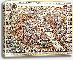Постер Школа: Французская Plan of Paris, bordered by a chronological series of portraits of the kings of France, 1698