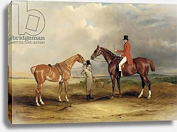 Постер Фернли Джон Portrait of John Drummond on a hunter with a groom holding his second horse, in a landscape, a hunting party beyond, 1831