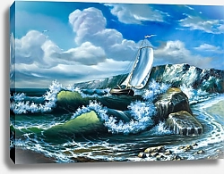 Постер Одинокое парусное судно в бушующем море