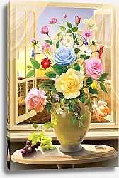 Постер Ваза с разноцветными розами у окна
