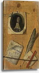 Постер Кольер Эварт A trompe-l'oeil letter rack, with an engraving of King Charles II, a newspaper, a quill, a pen and a penknife