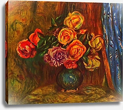 Постер Ренуар Пьер (Pierre-Auguste Renoir) Натюрморт. Розы на фоне синего занавеса